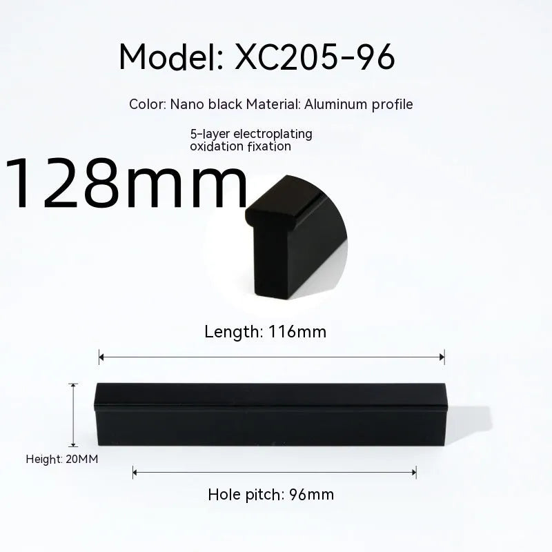 Aluminium alloy one-word cabinet door handle in nano black anodic oxidation finish with visible screw holes