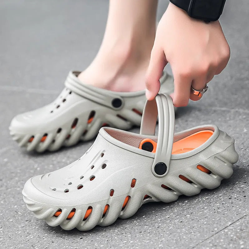 Men's beige EVA slipper sandals with hollow-out holes and round-toe design for outdoor wear