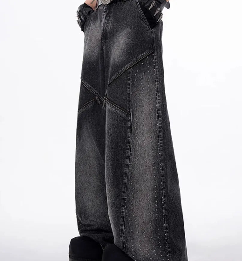 Black and grey structured zipper wide leg pants with washed denim fabric Korean style