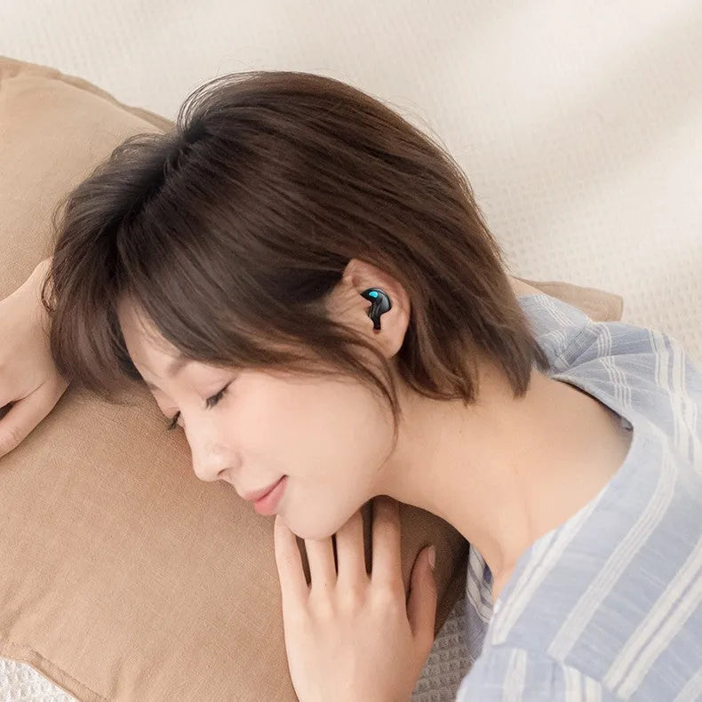 Black Bluetooth earplug headset for side sleep with digital display and breathing light