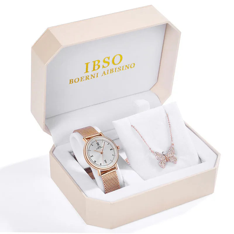 Rhinestone butterfly necklace quartz watch with round dial, alloy strap, and pin buckle
