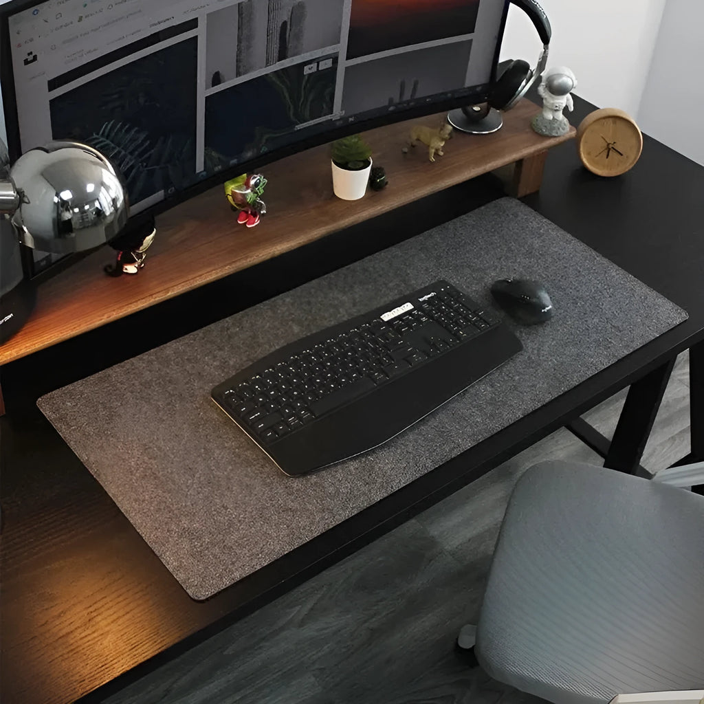 Thickened non-slip felt mouse pad in brown, extra large size, on a desk with a mouse and keyboard