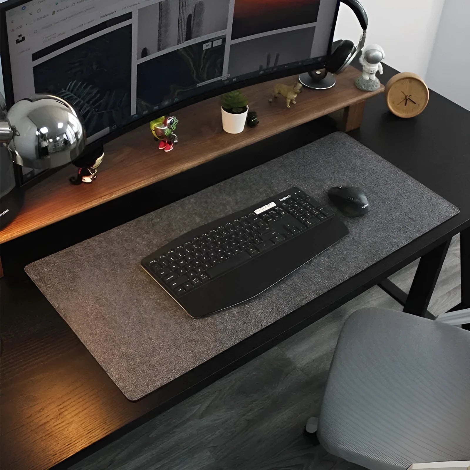 Thickened non-slip felt mouse pad in brown, extra large size, on a desk with a mouse and keyboard