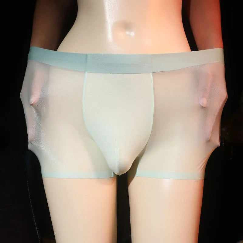 Men's ultra-thin transparent ice silk boxer shorts in light grey, shown flat.