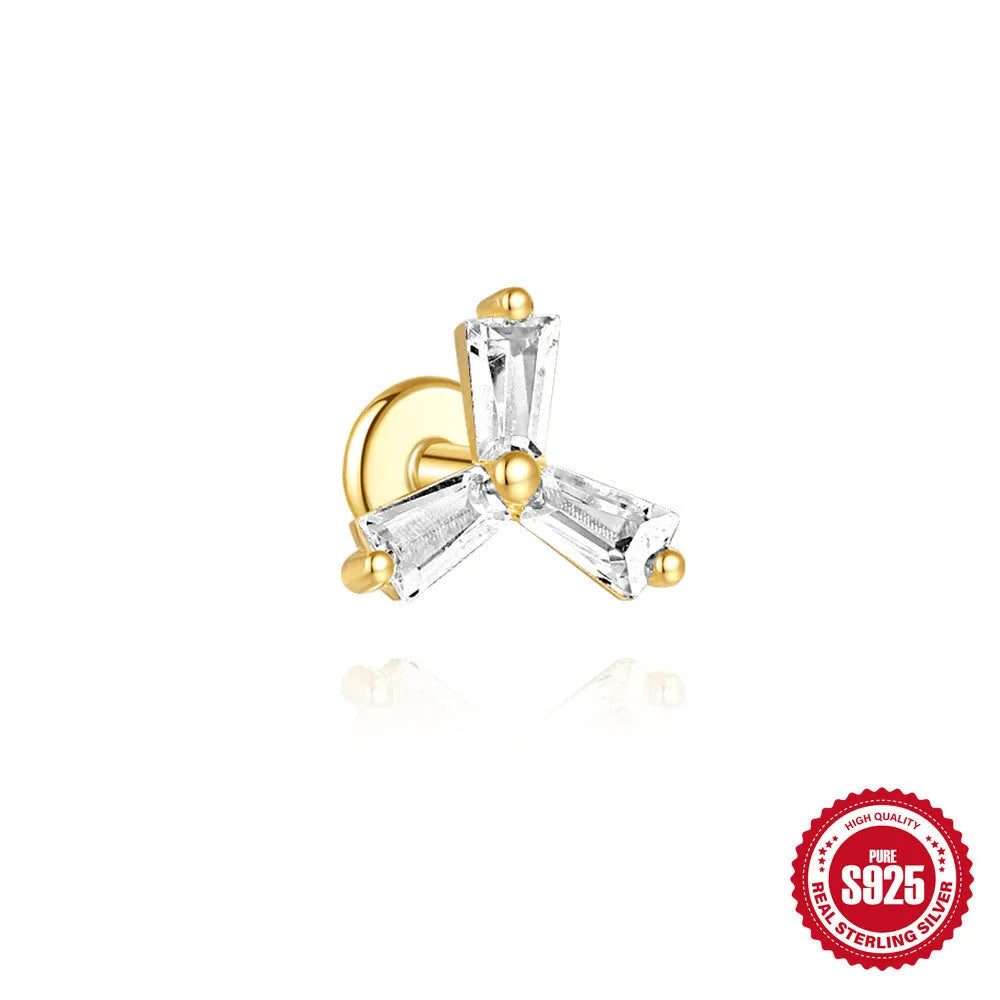 S925 sterling silver stud earring with golden double piercing design and zircon inlaid detail on a white background.