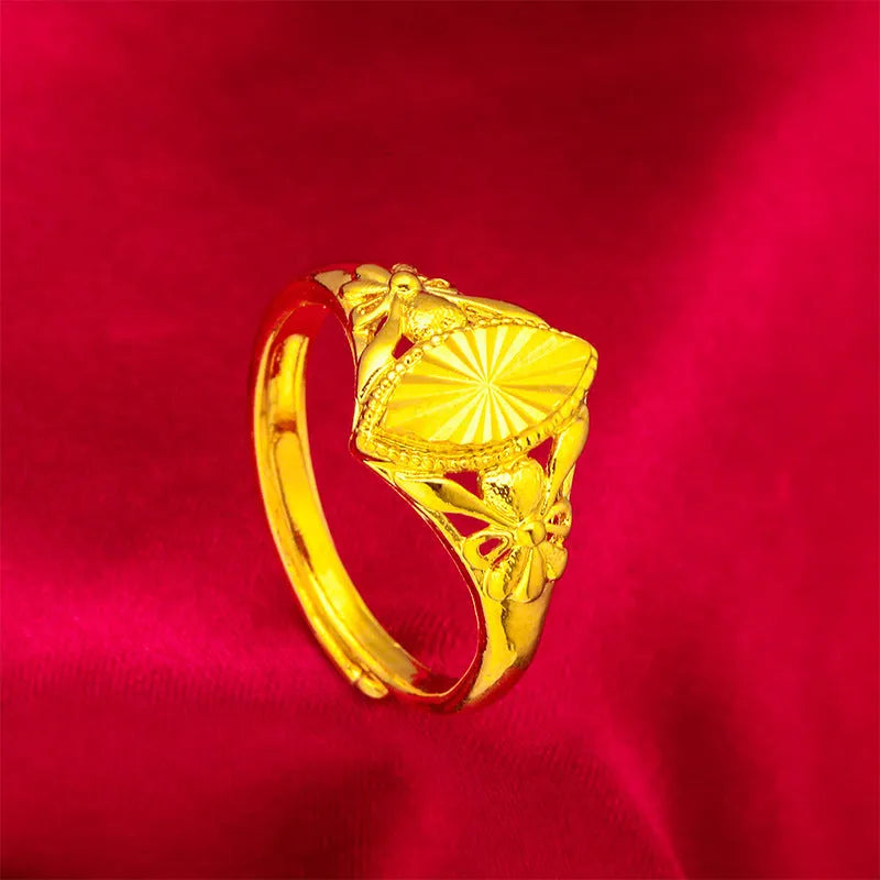 Alluvial gold girls open diamond flower ring with geometric brass construction and textured surface details