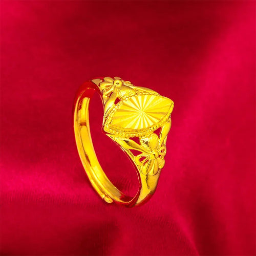 Alluvial gold girls open diamond flower ring with geometric brass construction and textured surface details