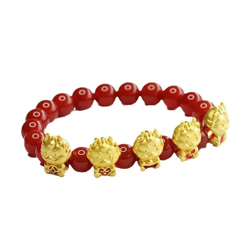 Red agate bracelet with Five Blessing Dragon design, Chinese style spiritual accessory