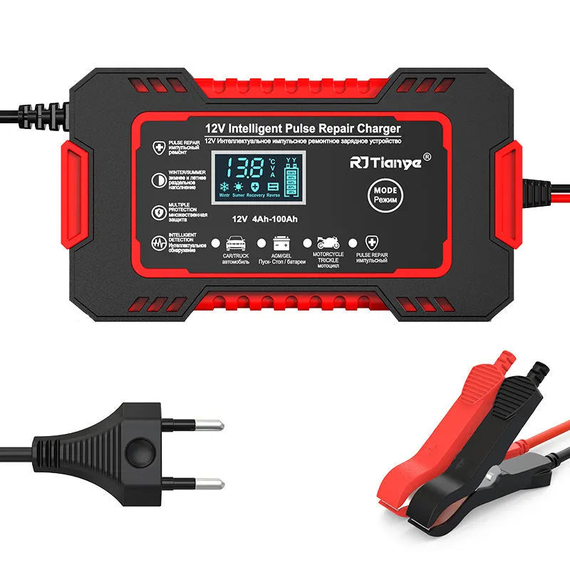 Red US standard car battery charger for lead acid batteries with reverse connection protection and LED display, 213x110x64mm