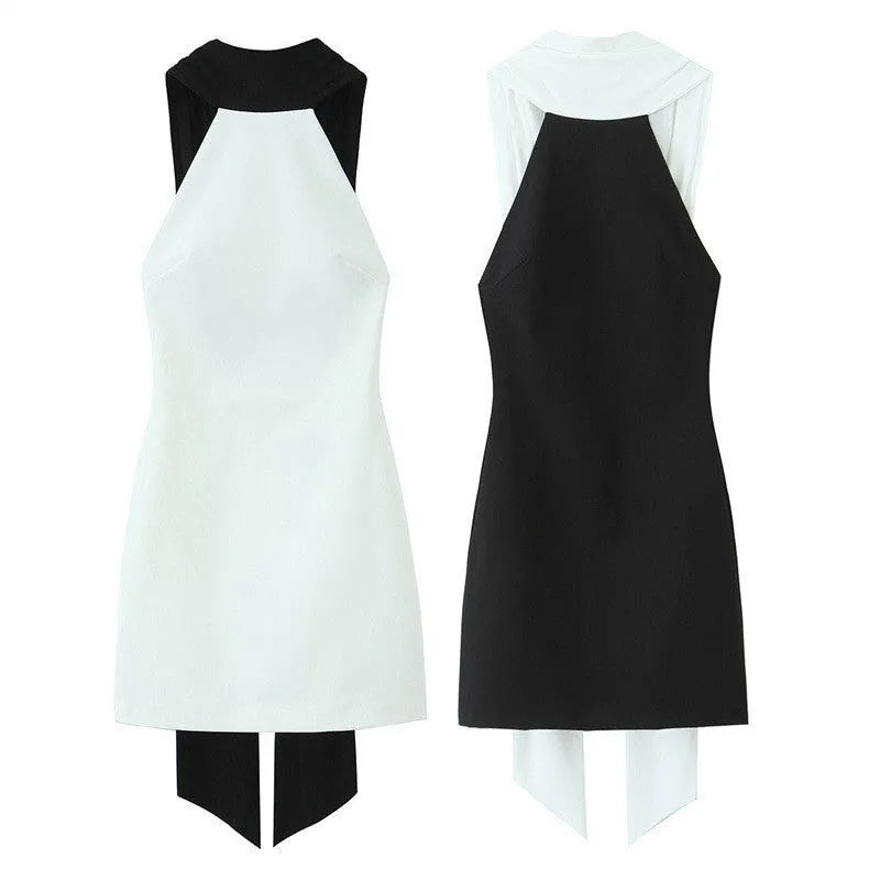 Slim-fitting patchwork short halter dress in black with high waist and asymmetric skirt, polyester fabric, long length