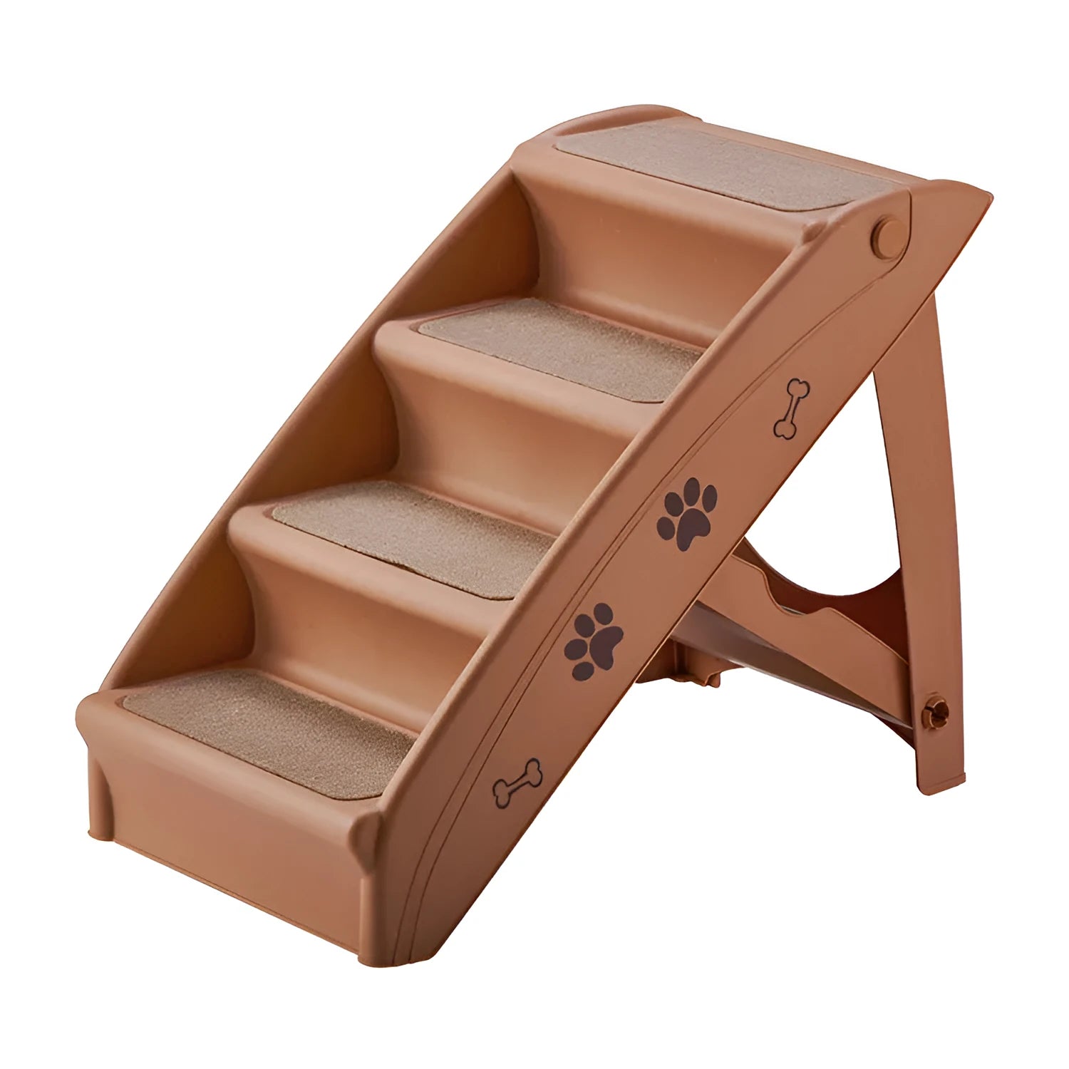 Foldable plastic step ladder for small pets on a home floor next to a sofa.