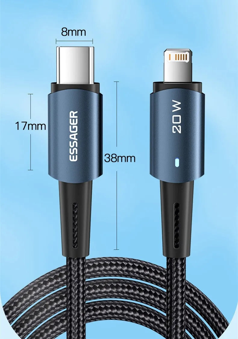 USB-C to USB-C fast charging cable with aluminum alloy connectors and coloured indicator light, available in multiple lengths.