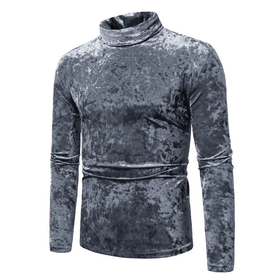 Men's velvet high-neck long-sleeve undershirt in solid colour slim-fit polyester pullover