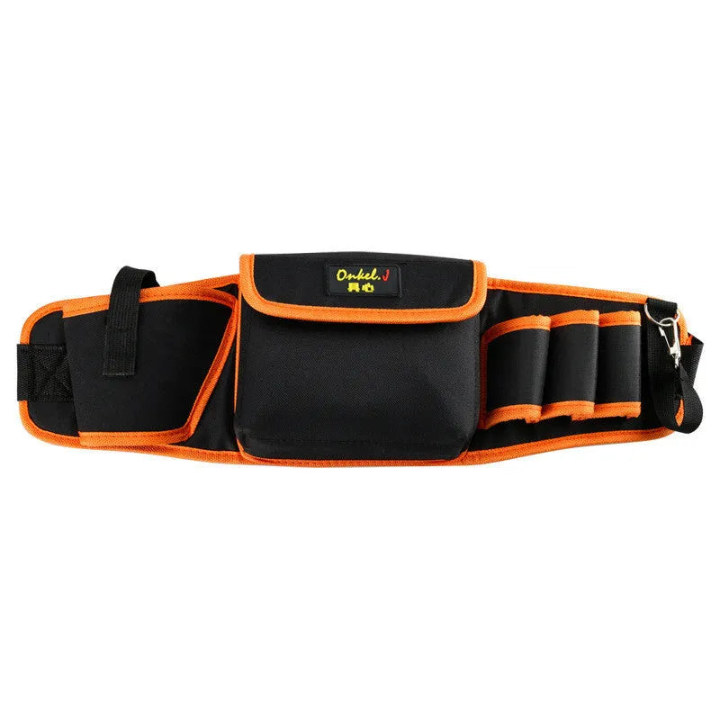 Orange canvas tool belt bag with oxford cloth outer, 564mm length, and 10kg load capacity on a construction site