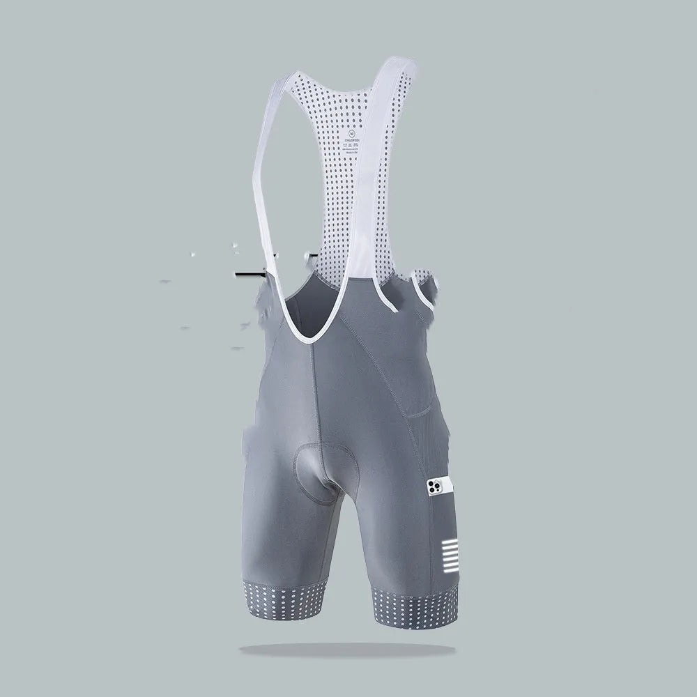 Men's black suspender shorts for road bike cycling with integrated straps and polyester fabric