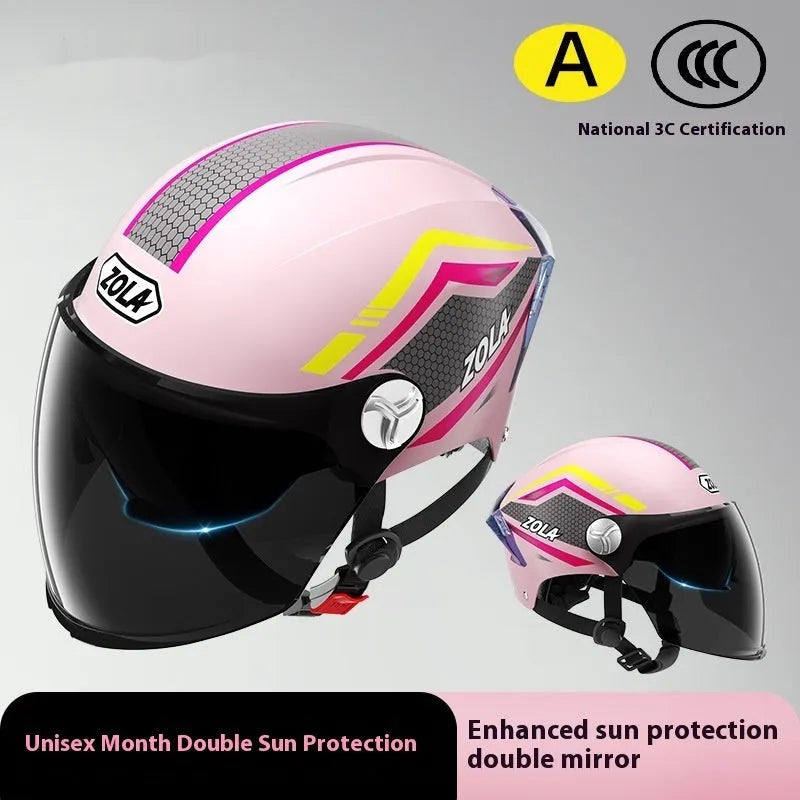 Children's 3C motorcycle half-helmet with a double visor shown in light brown colour.