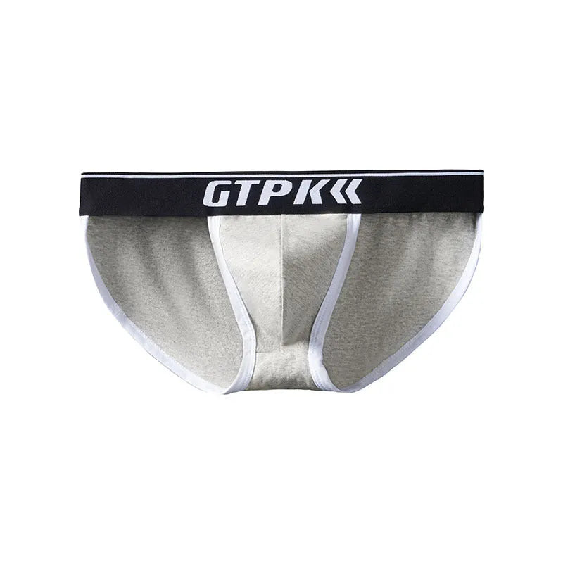 Men's low waist high fork cotton briefs in solid colour black, laid flat showing the cut and waistband