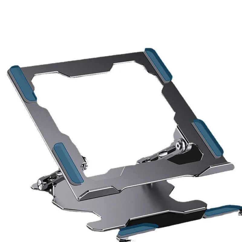 Aluminum laptop stand in folded position showing adjustable mechanism and silicone protection pads