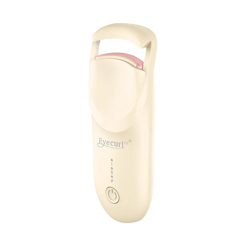 USB electric heating eyelash curler in choice of colours including vanilla apricot, maca pink, and cream white.