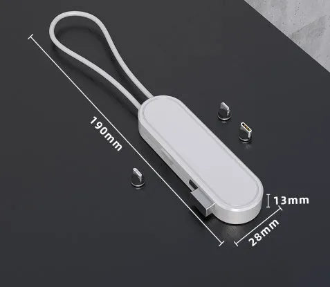Three-in-one telescopic data cable extended to 0.35m showing Apple, Micro USB and Type-C connectors