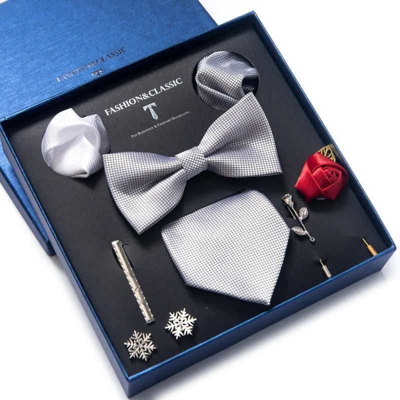Men's 8-piece rayon jacquard bow tie set, heart shape arrow style, monochrome pattern, 146cm length