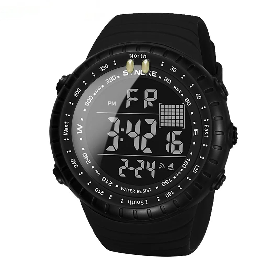 Black men's outdoor electronic waterproof watch with large dial on a PU strap