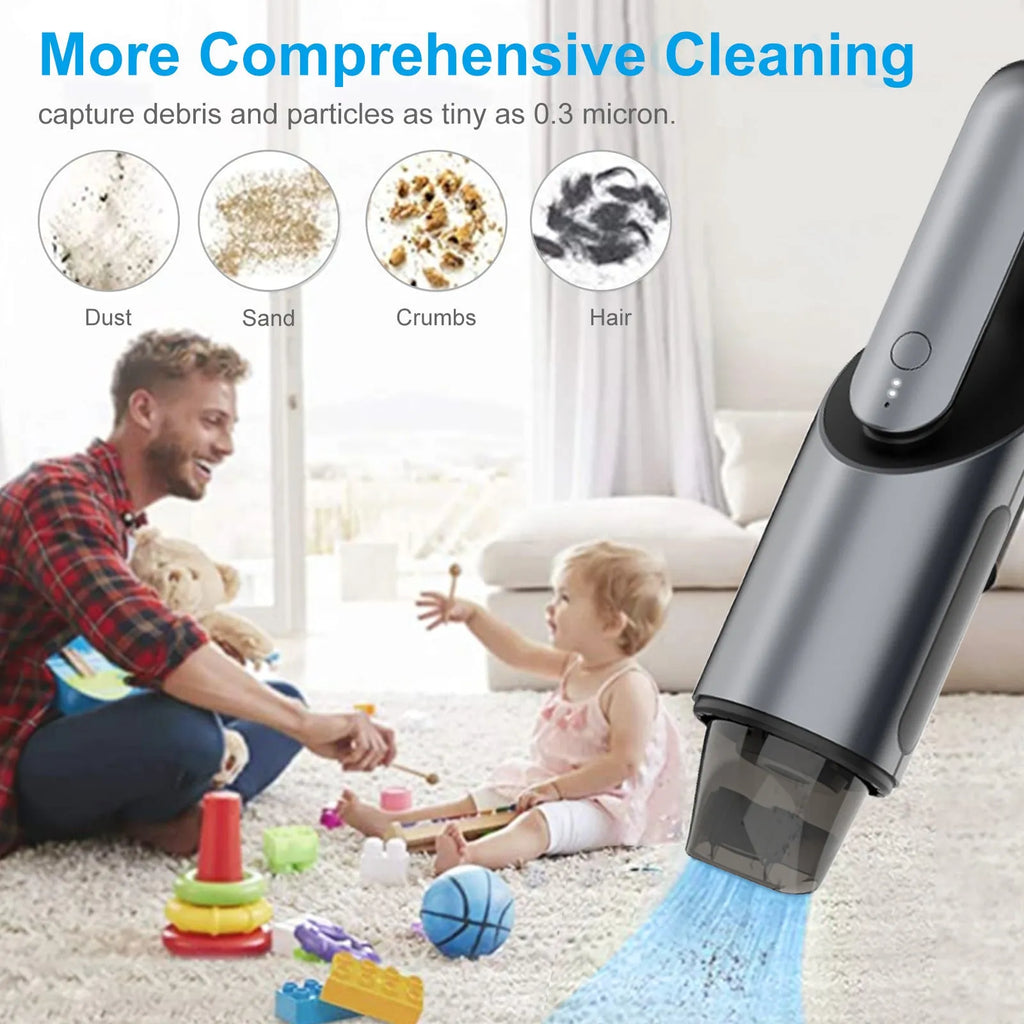 Black portable wireless car vacuum cleaner with brush attachment on vehicle seat