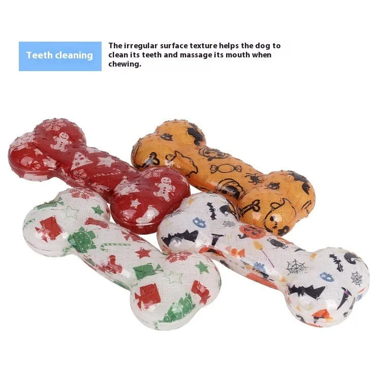 Printed bone-shaped TPR dog chew toy with squeaker in seasonal colour options