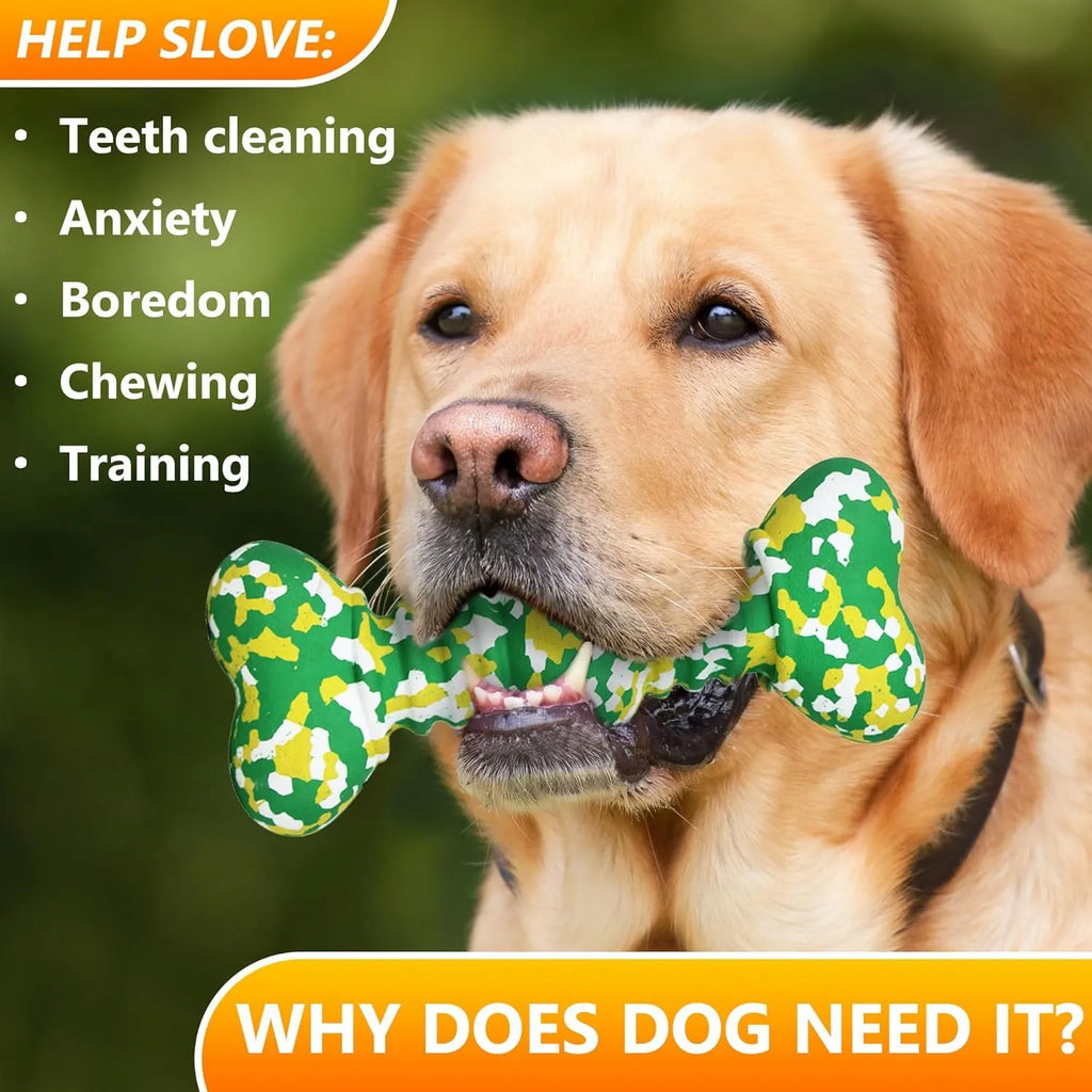 Dog chew toy made of natural rubber and bamboo fibre with unique camouflage pattern, available in S and L sizes.