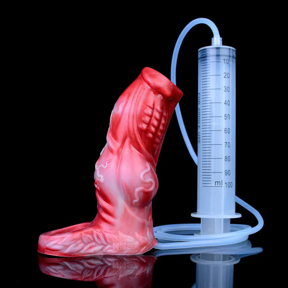 Silicone water spray exotic condom toy with manual control and accessories in two size options