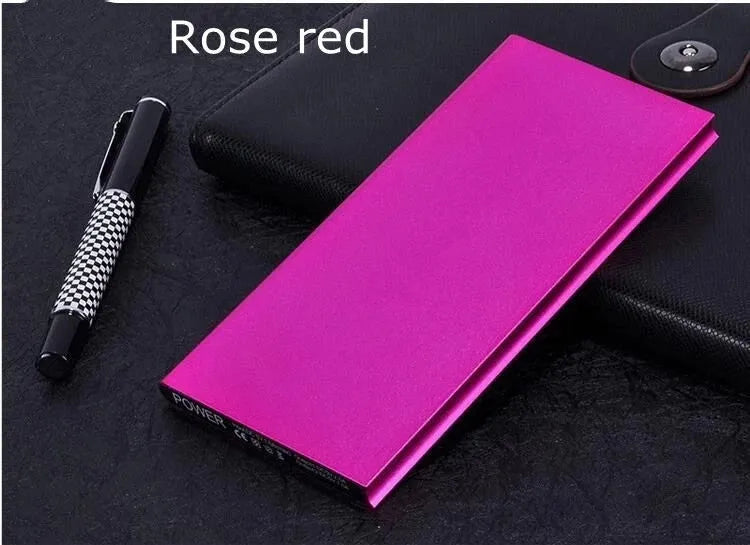 8000mAh aluminium alloy power bank with LED light and two USB ports in various colours.