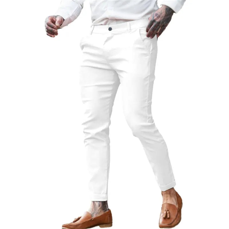 Men's high-stretch cotton-twill slim pencil trousers in solid colour, mid waist with zipper fly