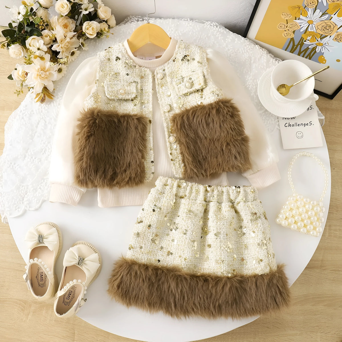 Apricot floral print long sleeve cotton blouse and short skirt children's two-piece set on a white background