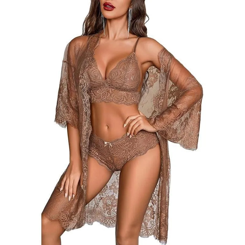 Ladies lace underwear set in apricot colour made from polyester fabric.
