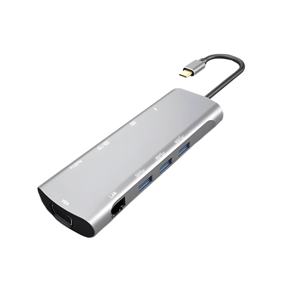 Grey aluminium USB C docking station with HDMI, VGA, and USB ports.