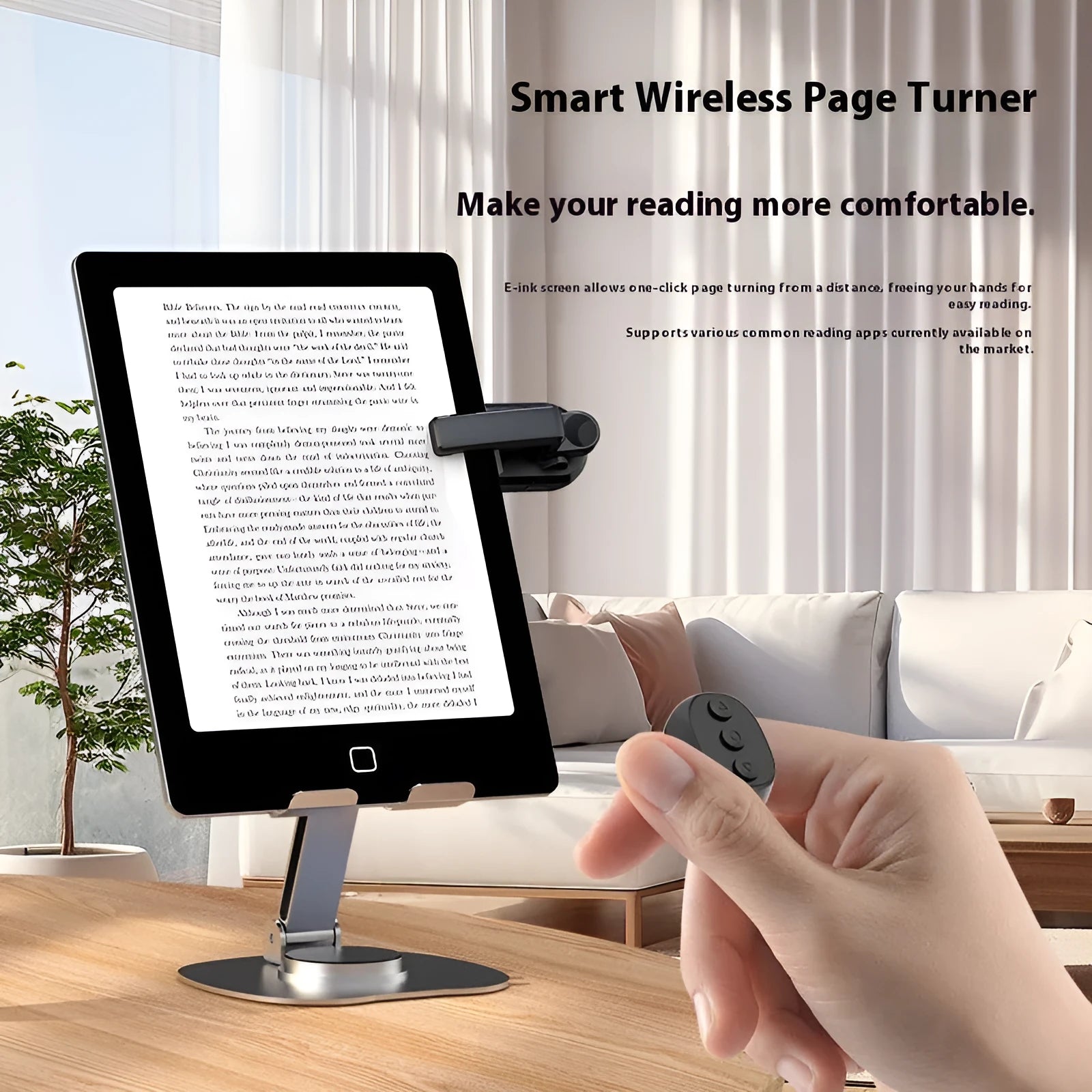 Smart wireless page turner remote with finger clicker for Kindle tablets and phones in black pink or white.