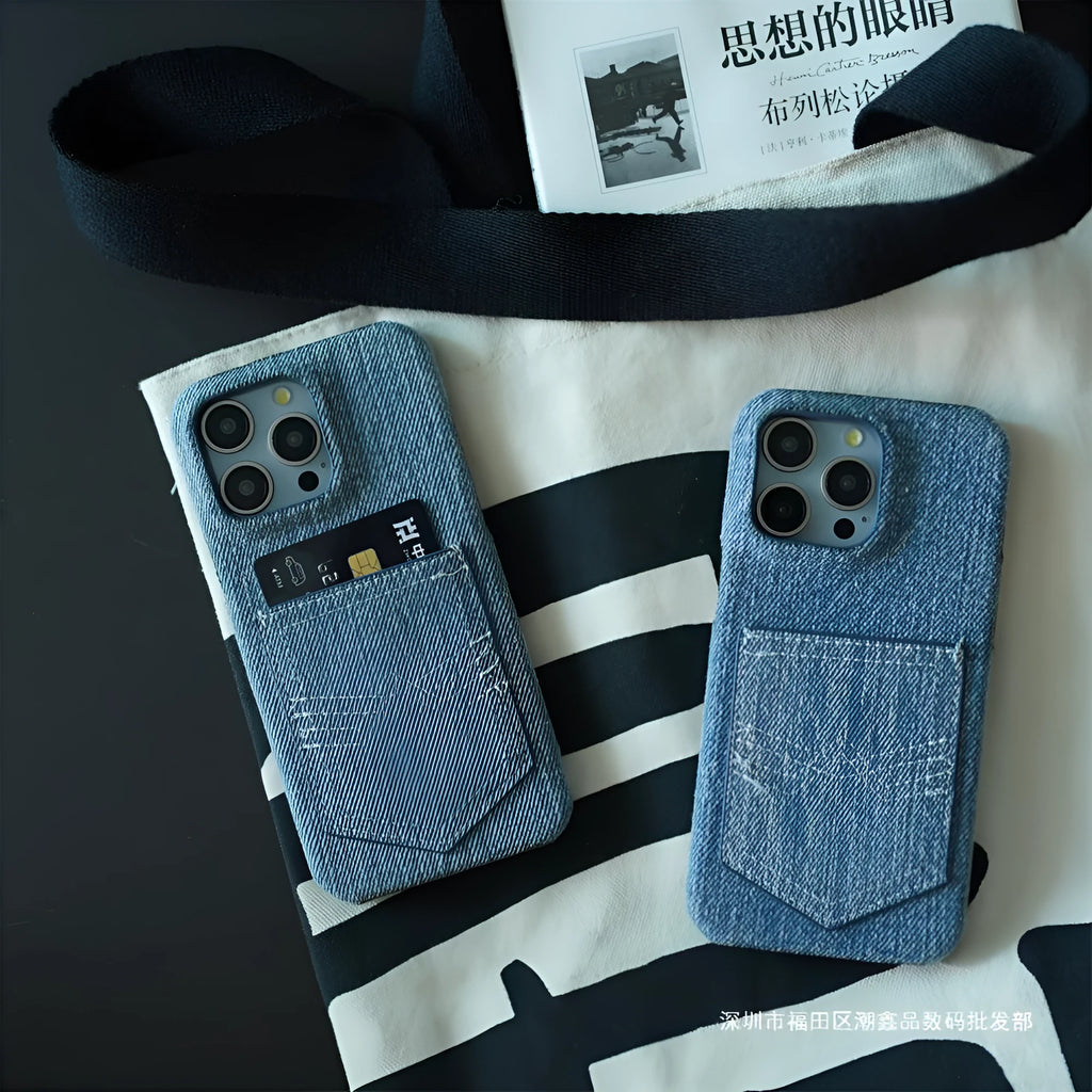 Denim card oil edge TPU phone case with magnetic suction for iPhone, showing animal and rhinestone accents on back