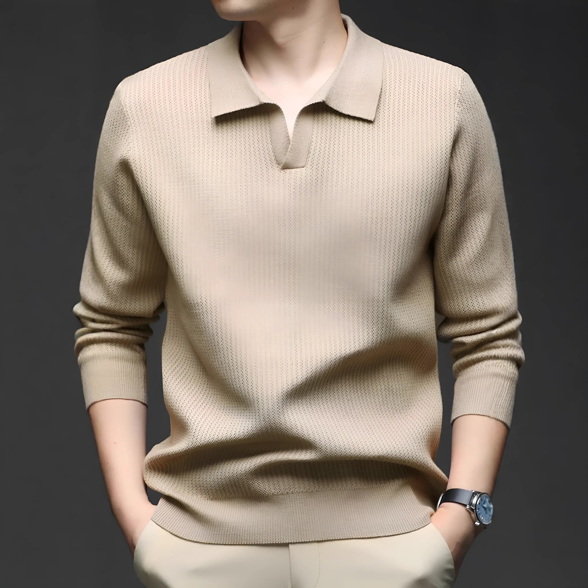 Men's loose fit casual green pullover sweater for autumn layering on a hanger.