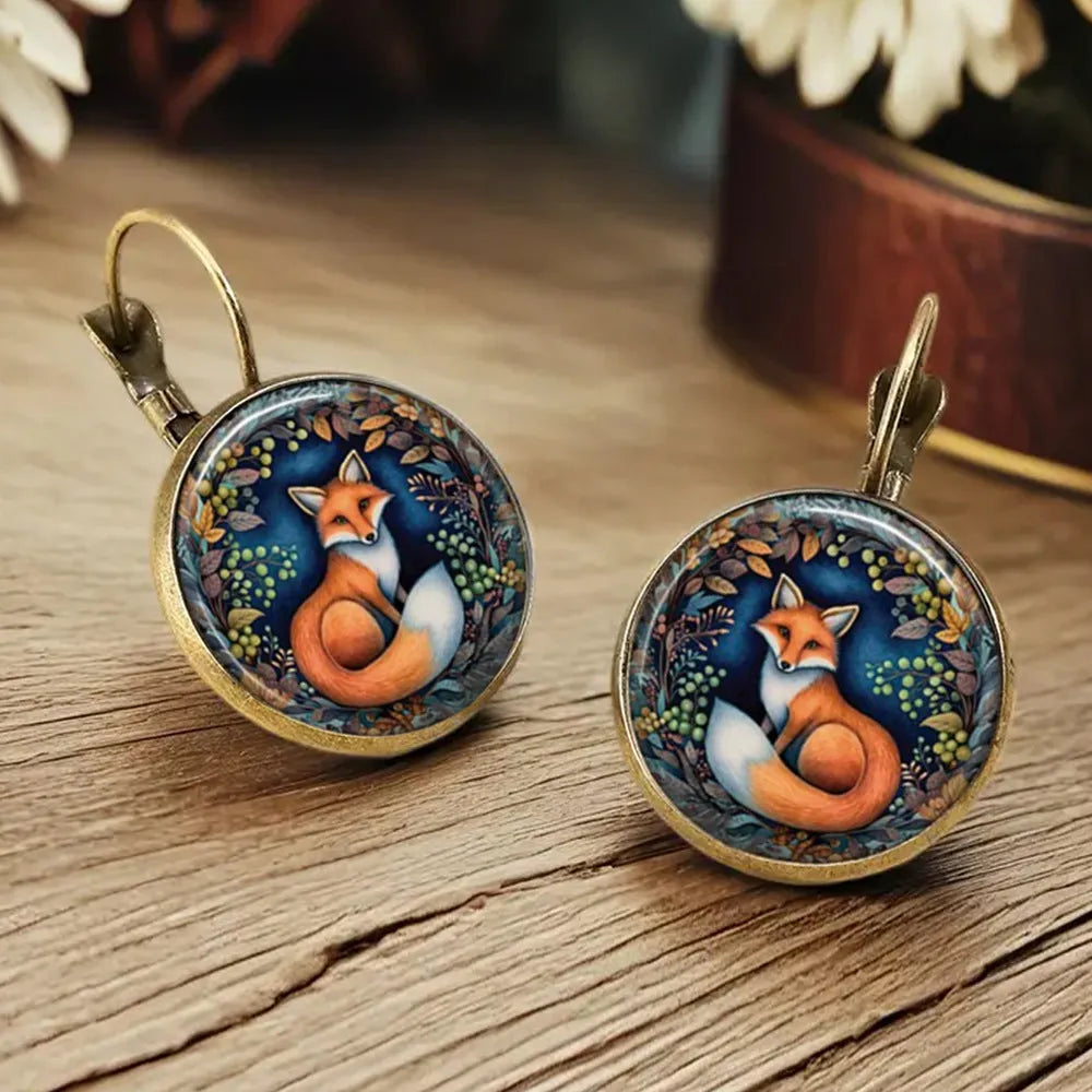 Handmade retro cartoon animal earrings in fox, cat, and chicken designs with alloy and gem glass construction