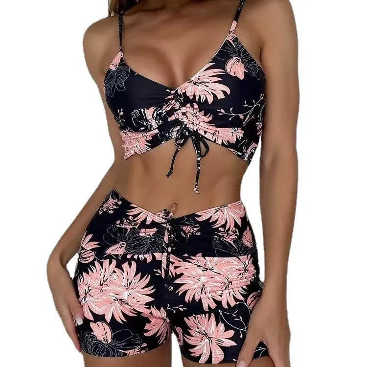 XINGX printed multicolor conservative boxer split swimsuit for women, polyester fabric, wireless padded cups