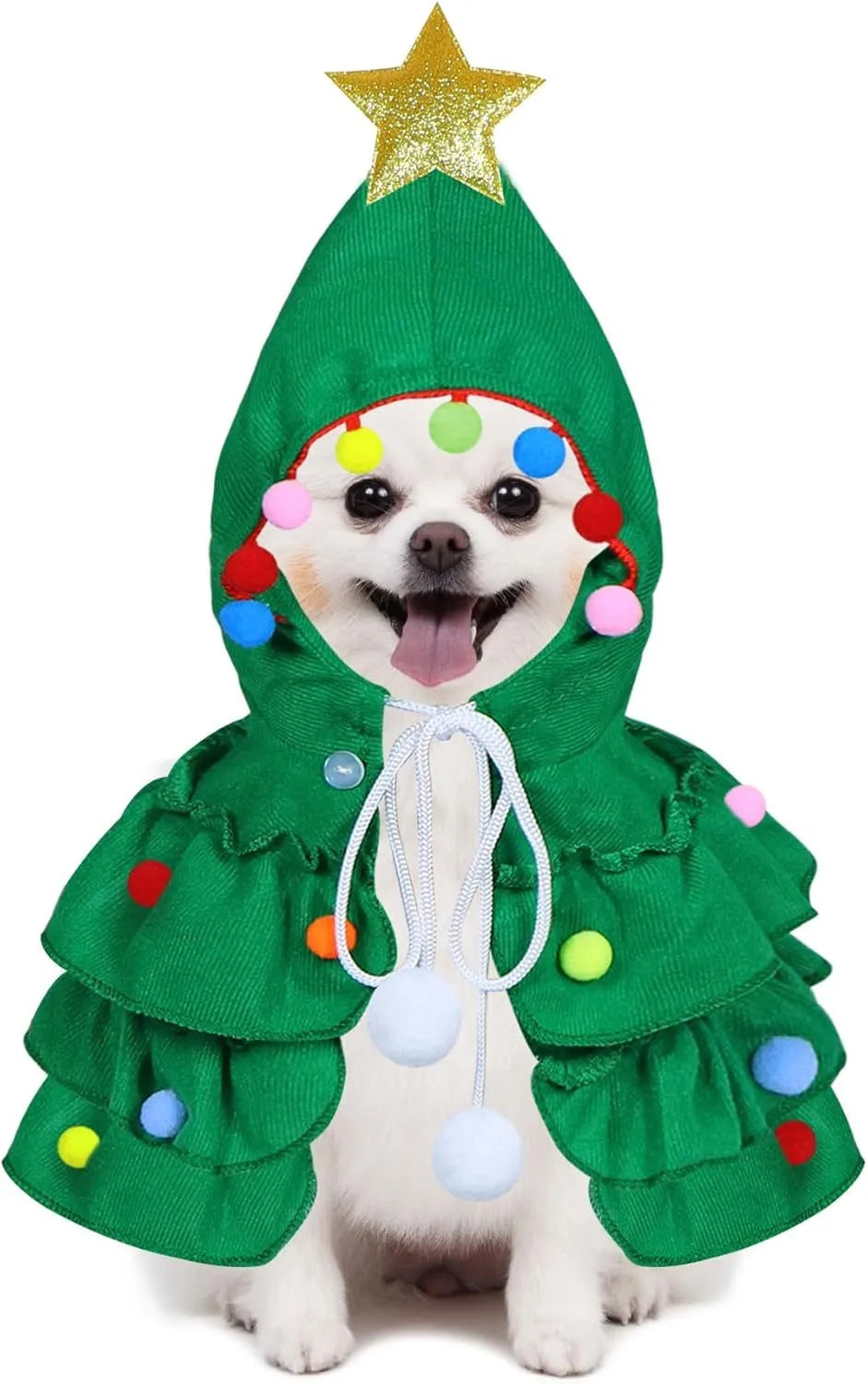 Cat Christmas tree costume in green with star ornament, size M, on a cat