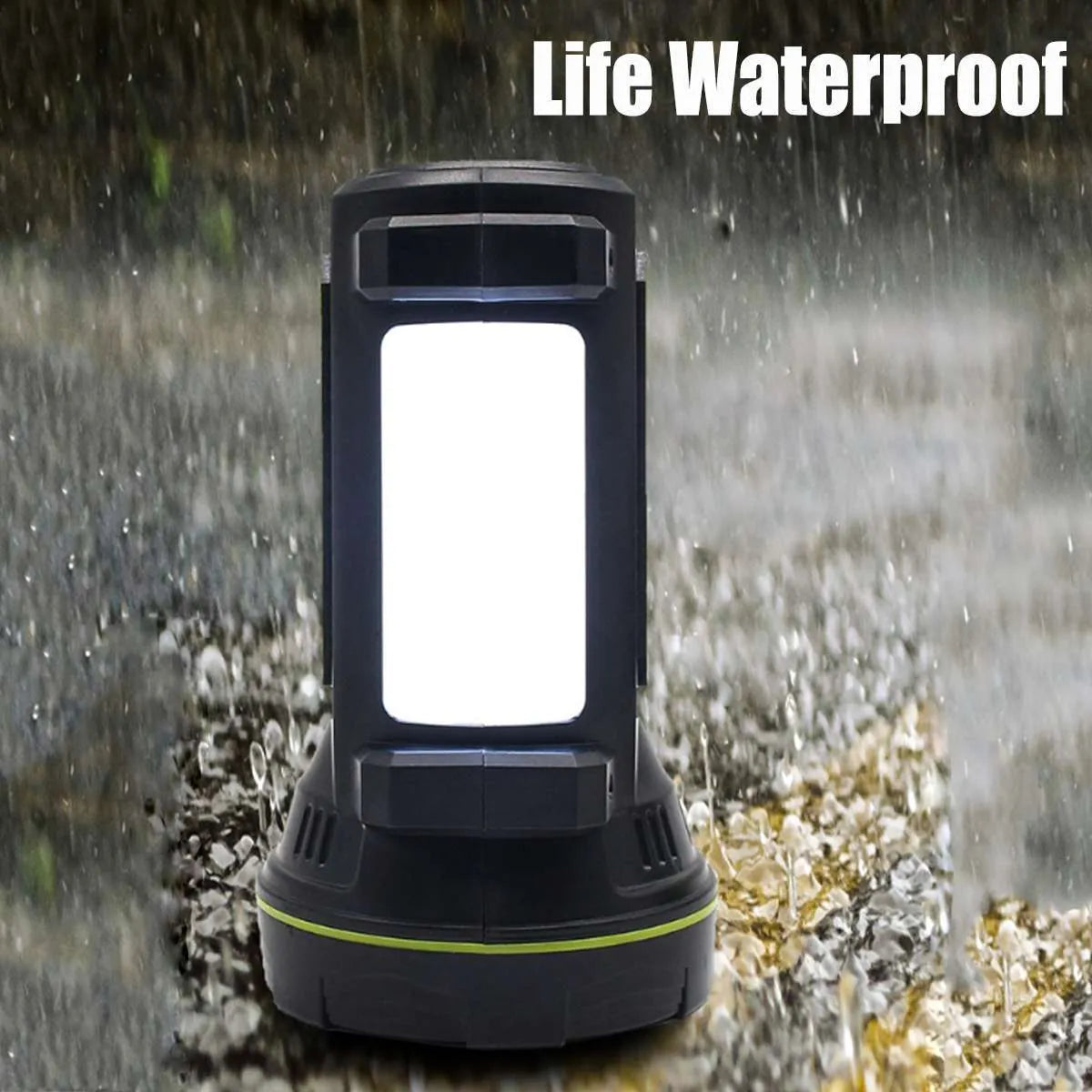 Green rechargeable LED flashlight with USB charging port showing dual lighting modes