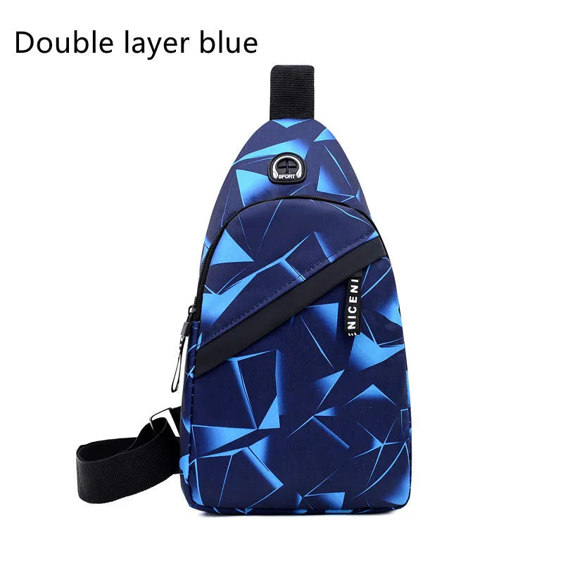 Print sling chest bag with earphone hole design in Oxford cloth, showing zipper opening and square vertical shape