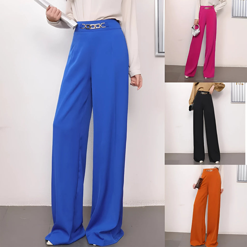 Solid colour draped wide leg pants for women, straight-leg polyester trousers with elastic waist, eight colour options