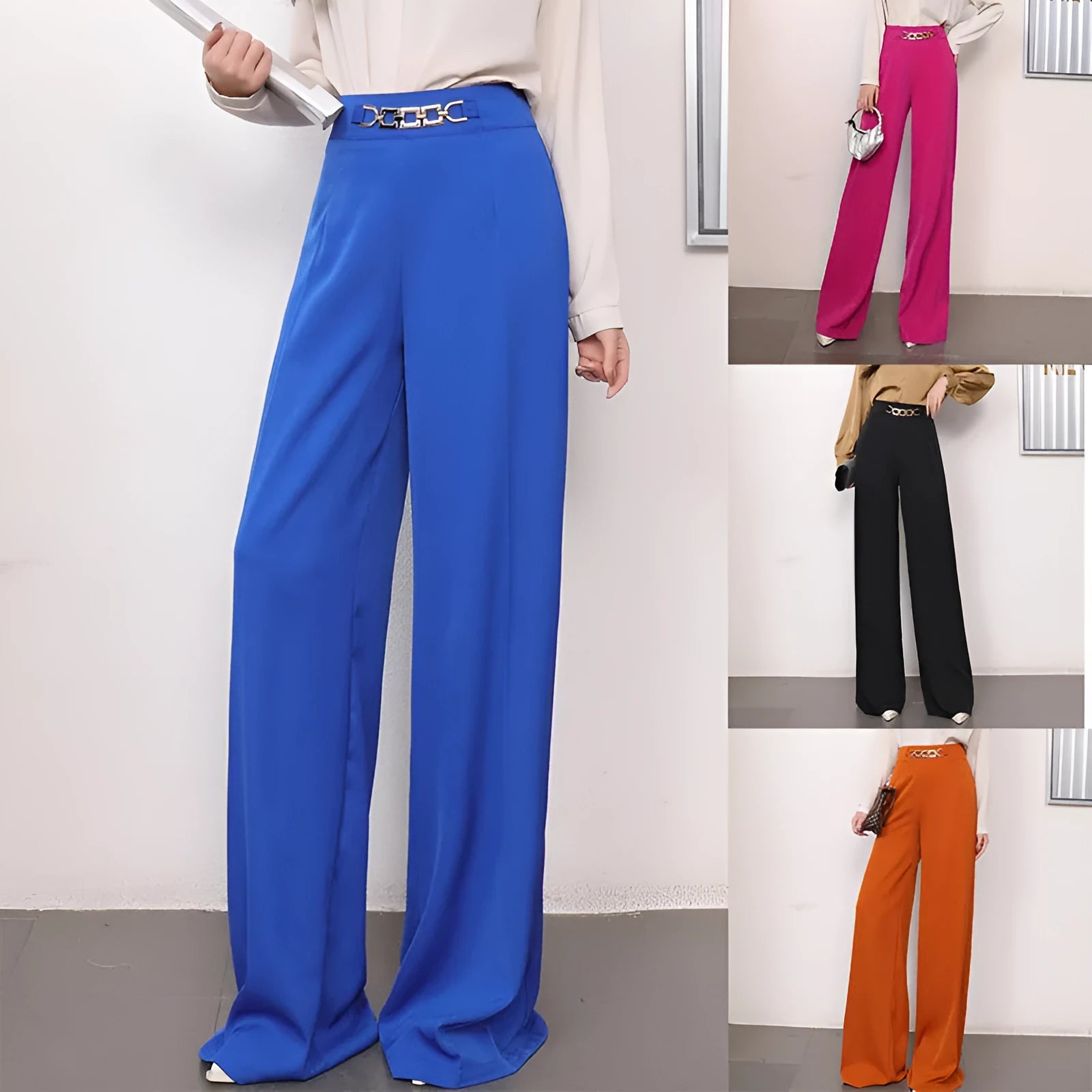 Solid colour draped wide leg pants for women, straight-leg polyester trousers with elastic waist, eight colour options