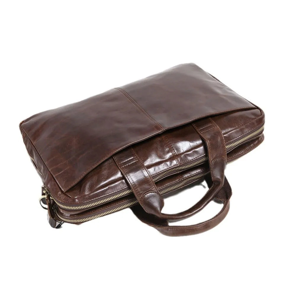 Brown men's business briefcase made from first layer cowhide leather with 18-inch capacity