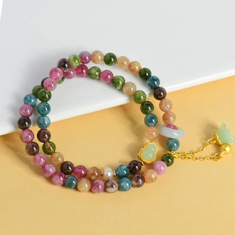 Women's double circle bracelet with natural chalcedony beads in 6.5mm diameter