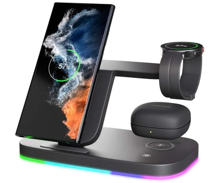 Vertical 3-in-1 wireless charging dock for mobile phone, smartwatch and headphones with 15W fast charging
