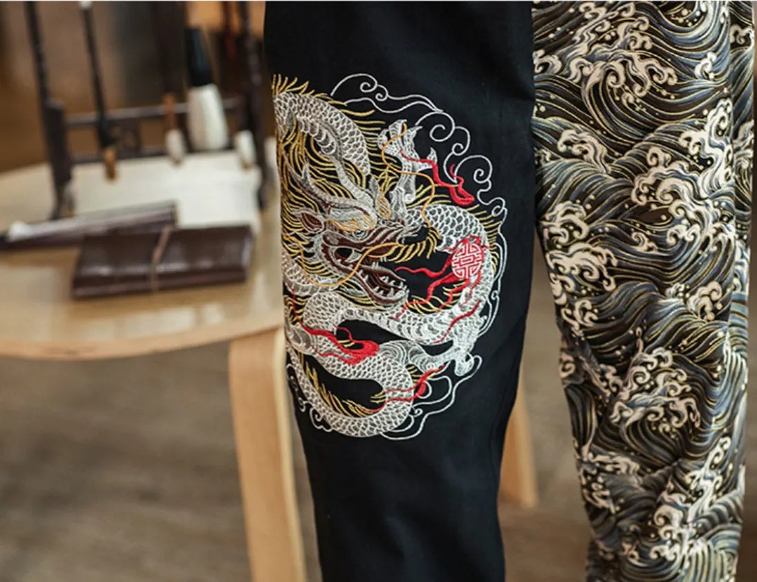 Embroidered silver dragon casual trousers in khaki, cotton fabric, mid waist, men's sizes M to 5XL