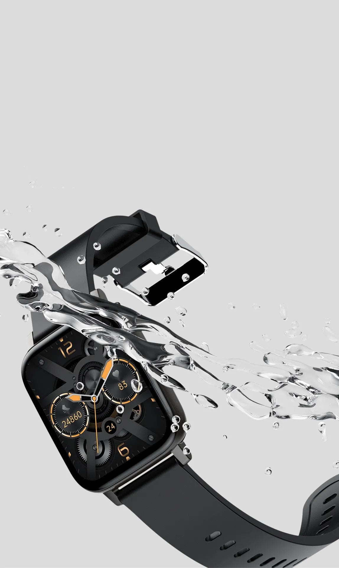 H80 smart watch with coloured silicone strap showing health metrics on 1.69-inch touchscreen.